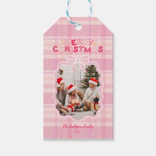 Retro Pink Plaid Whimsical Holiday  ギフトタグ (正面)