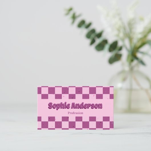 Retro Pink & Purple Checkerboard with QR Code 名刺 (スタンド正面)
