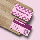 Retro Pink & Purple Checkerboard with QR Code 名刺