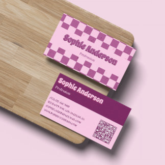 Retro Pink & Purple Checkerboard with QR Code 名刺