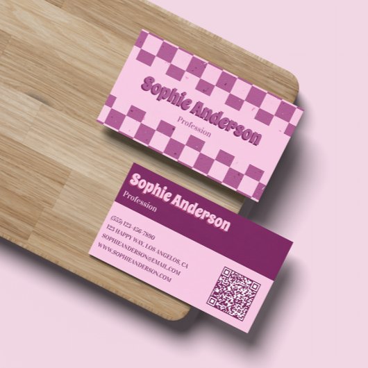 Retro Pink & Purple Checkerboard with QR Code 名刺