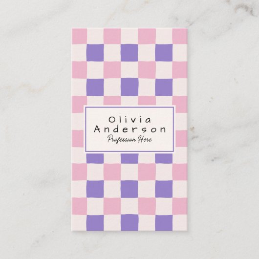 Retro Pink Purple Checkered Trendy Boho QR Code 名刺 (正面)