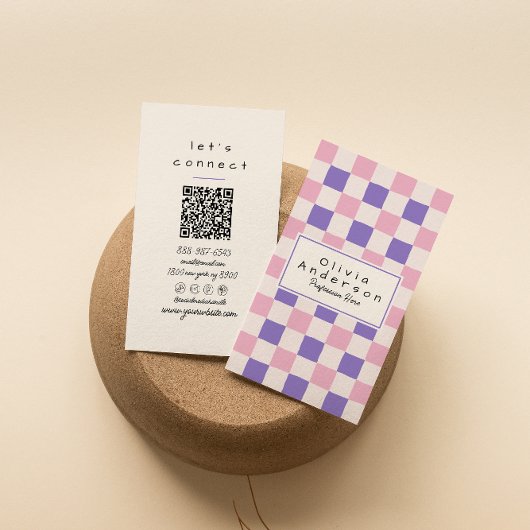 Retro Pink Purple Checkered Trendy Boho QR Code 名刺