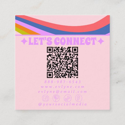 Retro Pink Purple Rainbow QR Code Groovy Girly スクエア名刺 (裏面)