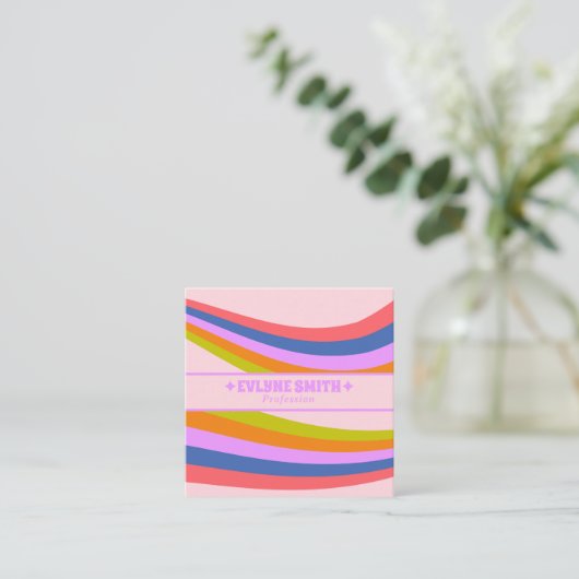 Retro Pink Purple Rainbow QR Code Groovy Girly スクエア名刺 (スタンド正面)