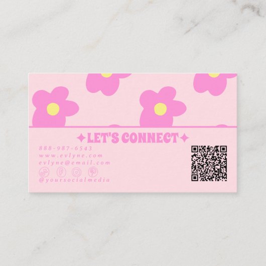 Retro Pink QR Code Groovy Floral Boho Girly Unique 名刺 (裏面)