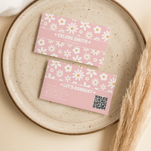 Retro Pink QR Code Groovy Floral Boho Girly Unique 名刺