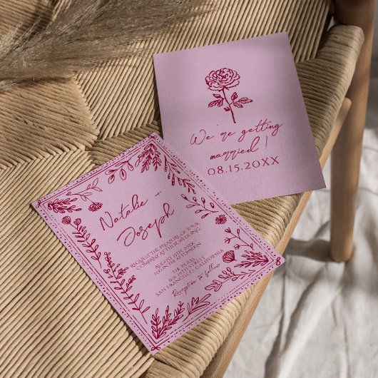 Retro Pink Raspberry Drawn Floral Garden Wedding 招待状