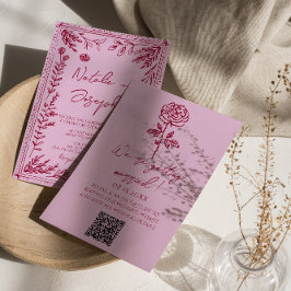 Retro Pink Raspberry QR Code Drawn Floral Wedding 招待状