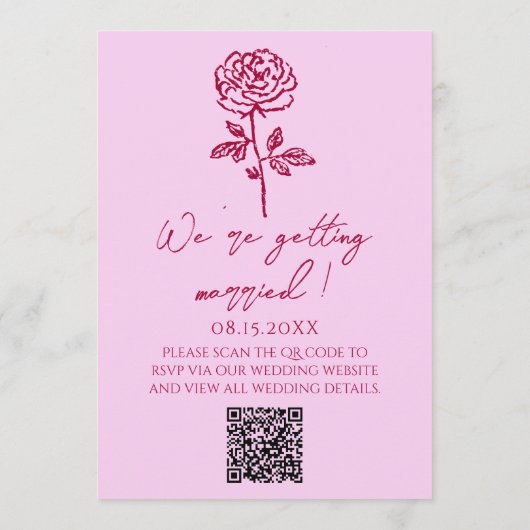 Retro Pink Raspberry QR Code Drawn Floral Wedding 招待状 (裏面)