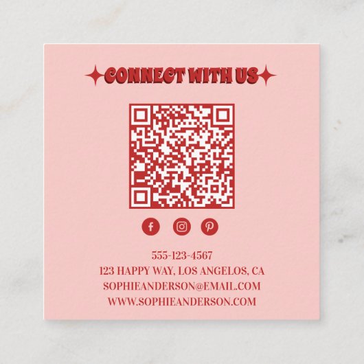 Retro Pink & Red Checkerboard with QR Code スクエア名刺 (裏面)