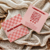 Retro Pink & Red Checkerboard with QR Code スクエア名刺