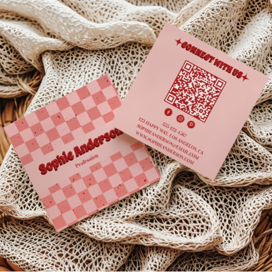 Retro Pink & Red Checkerboard with QR Code スクエア名刺