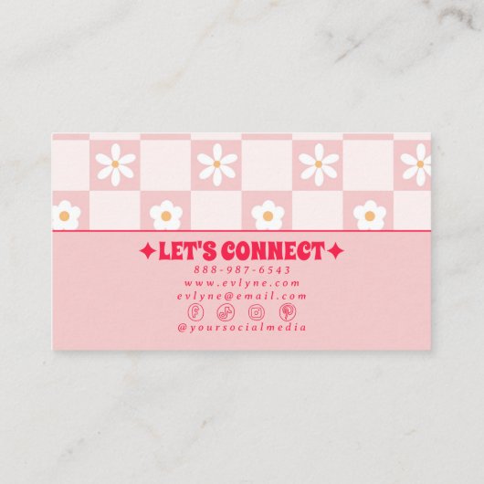 Retro Pink Red Checkered Groovy Floral Boho Trendy 名刺 (裏面)