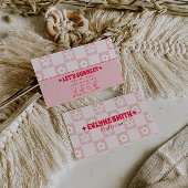 Retro Pink Red Checkered Groovy Floral Boho Trendy 名刺