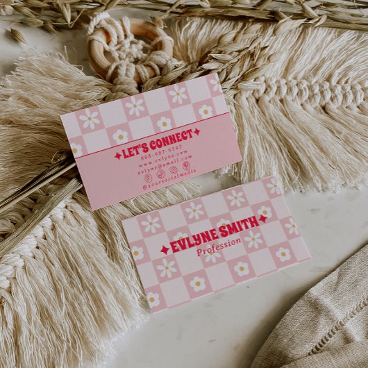 Retro Pink Red Checkered Groovy Floral Boho Trendy 名刺