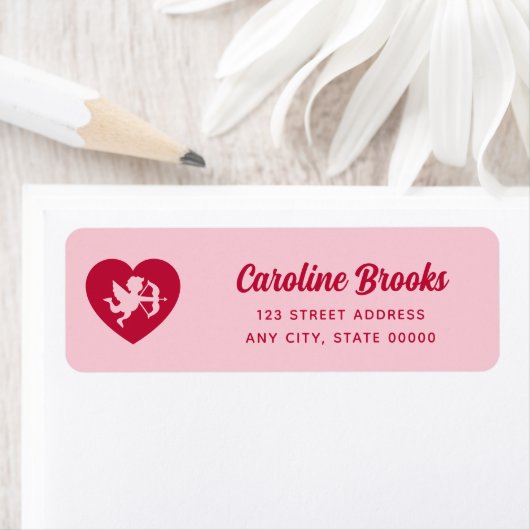 Retro Pink Red Cupid Heart Wedding Return Address ラベル (インサイチュ)
