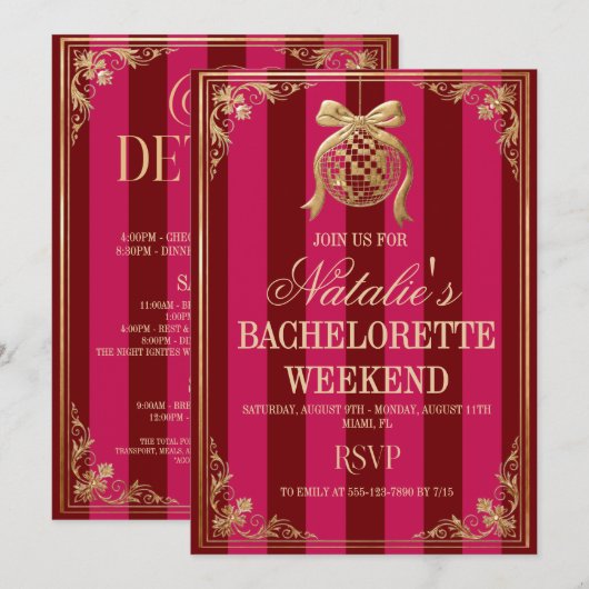 Retro Pink Red Disco Bachelorette Weekend 招待状 (正面/裏面)