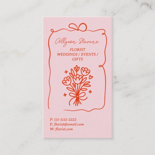 Retro Pink Red Doodles Florist Artist QR Code 名刺 (正面)