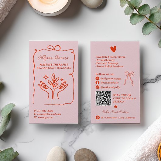 Retro Pink Red Doodles Massage Therapist QR Code 名刺