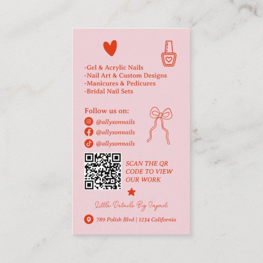 Retro Pink Red Doodles Nails Artist QR Code 名刺 (裏面)