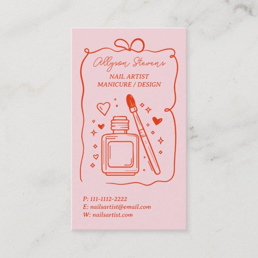 Retro Pink Red Doodles Nails Artist QR Code 名刺 (正面)