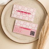 Retro Pink Red QR Code Checkered Groovy Floral  名刺