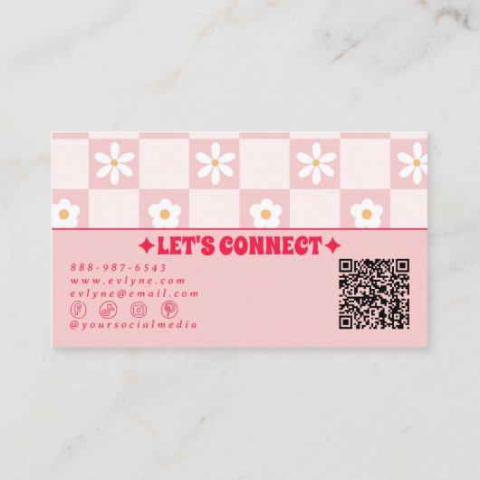 Retro Pink Red QR Code Checkered Groovy Floral  名刺 (裏面)
