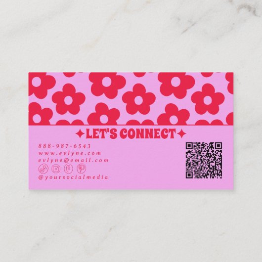 Retro Pink Red QR Code Groovy Floral Boho Girly  名刺 (裏面)