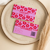 Retro Pink Red QR Code Groovy Floral Boho Girly  名刺