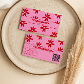 Retro Pink Red QR Code Groovy Floral Girly Trendy 名刺