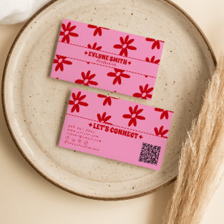 Retro Pink Red QR Code Groovy Floral Girly Trendy 名刺