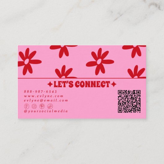 Retro Pink Red QR Code Groovy Floral Girly Trendy 名刺 (裏面)