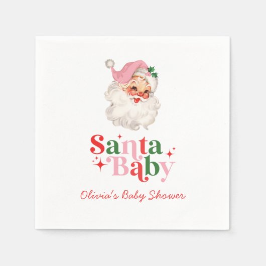 Retro Pink Santa Baby christmas baby shower スタンダードカクテルナプキン (正面)