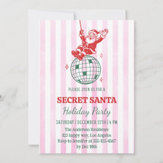 Retro Pink Secret Santa Disco Holiday Party        招待状 (正面)