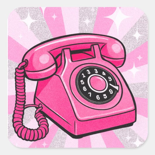 Retro Pink Sparkle Rotary Landline Phone スクエアシール (正面)