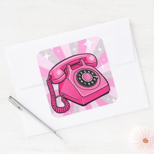 Retro Pink Sparkle Rotary Landline Phone スクエアシール (封筒)