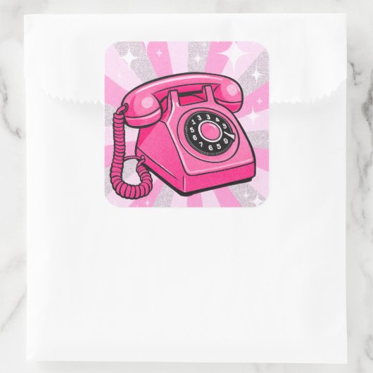 Retro Pink Sparkle Rotary Landline Phone  スクエアシール (バッグ)