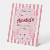 Retro Pink Striped Bachelorette Party Welcome  台座サイン (正面)