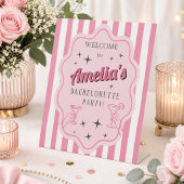Retro Pink Striped Bachelorette Party Welcome  台座サイン