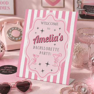 Retro Pink Striped Bachelorette Party Welcome  台座サイン