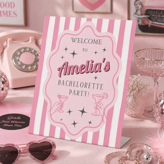 Retro Pink Striped Bachelorette Party Welcome  台座サイン