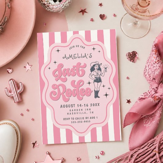 Retro Pink Striped Last Rodeo Bachelorette Party  招待状