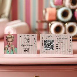 Retro Pink Striped Quirky Hair photo qr code Logo 名刺