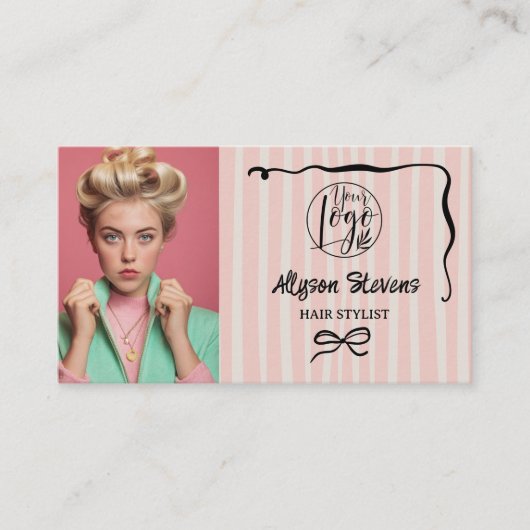 Retro Pink Striped Quirky Hair photo qr code Logo 名刺 (正面)