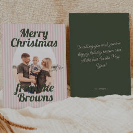Retro Pink Stripes Boho Oval Photo Christmas シーズンカード