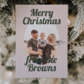 Retro Pink Stripes Boho Oval Photo Christmas シーズンカード