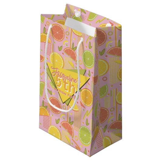 Retro Pink Summer Citrus Fruit Birthday スモールペーパーバッグ (正面アングル)
