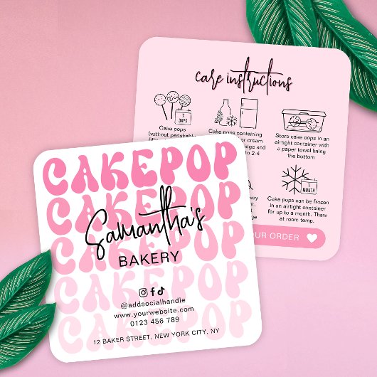 Retro Pink Trendy Cake Pops Care Instructions Card スクエア名刺
