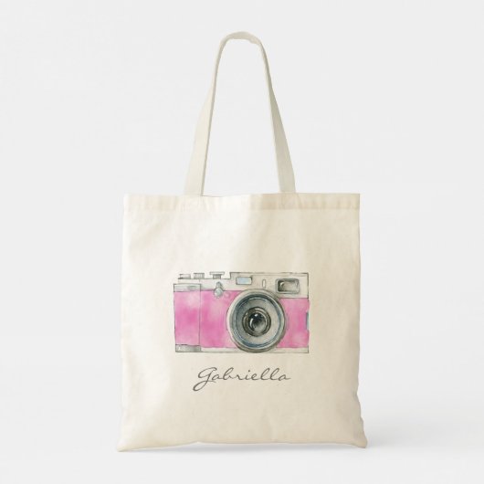 Retro Pink Watercolor Camera Personalized トートバッグ (裏面)